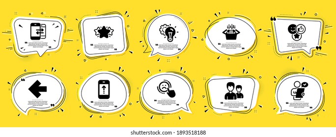 Business Icons Set. Speech Bubble Offer Banners. Yellow Coupon Badge. Included Icon As Couple, Swipe Up, Packing Boxes Signs. Left Arrow, Star, Customer Survey Symbols. Vector