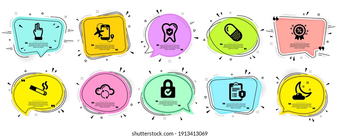 Business icons set. Speech bubble offer banners. Vector coupon badge. Included icon as Flights application, Cloud sync, Password encryption signs. Night weather, Click hand, Discount symbols. Vector