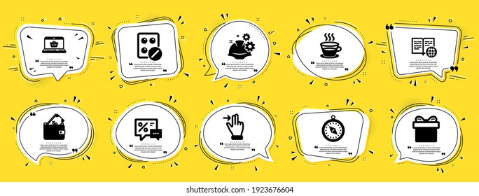 Business icons set. Speech bubble offer banners. Yellow coupon badge. Included icon as Medical tablet, Travel compass, Working process signs. Discounts, Wallet, Internet book symbols. Vector