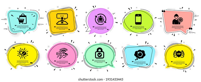 Business icons set. Speech bubble offer banners. Vector coupon badge. Included icon as Vip security, Sale bags, Airplane wifi signs. Medical drugs, Security lock, Engineer symbols. Vector