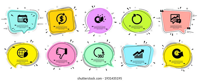 Business icons set. Speech bubble offer banners. Vector coupon badge. Included icon as Accounting, Update time, Loop signs. Dislike hand, Spanner, Environment day symbols. Vector