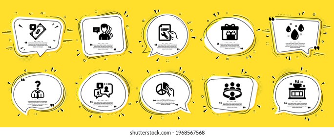 Business icons set. Speech bubble offer banners. Yellow coupon badge. Included icon as Rejected payment, Support chat, Hiring employees signs. Repair document, Pie chart, People symbols. Vector
