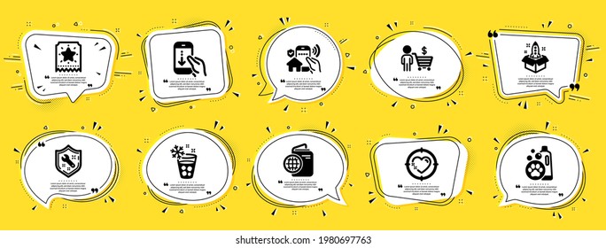 Business icons set. Speech bubble offer banners. Yellow coupon badge. Included icon as Travel passport, Ice maker, Spanner signs. House security, Loyalty ticket, Buyer symbols. Vector