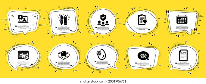 Business icons set. Speech bubble offer banners. Yellow coupon badge. Included icon as Freezing water, Quickstart guide, Web timer signs. Document, Ice creams, Patient history symbols. Vector