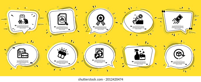 Business icons set. Speech bubble offer banners. Yellow coupon badge. Included icon as Sale, Analytics graph, Fast payment signs. Washing machine, Vacancy, Refrigerator app symbols. Vector