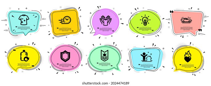 Business icons set. Speech bubble offer banners. Vector coupon badge. Included icon as Car, Security, New house signs. Shoulder strap, Refill water, Clean t-shirt symbols. Vector