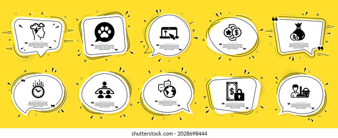 Business Icons Set. Speech Bubble Offer Banners. Yellow Coupon Badge. Included Icon As Private Payment, Cash, Loyalty Points Signs. Pets Care, Swipe Up, Time Symbols. Vector