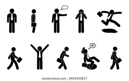 business icons set, stick figure, people isolated, businessman silhouettes