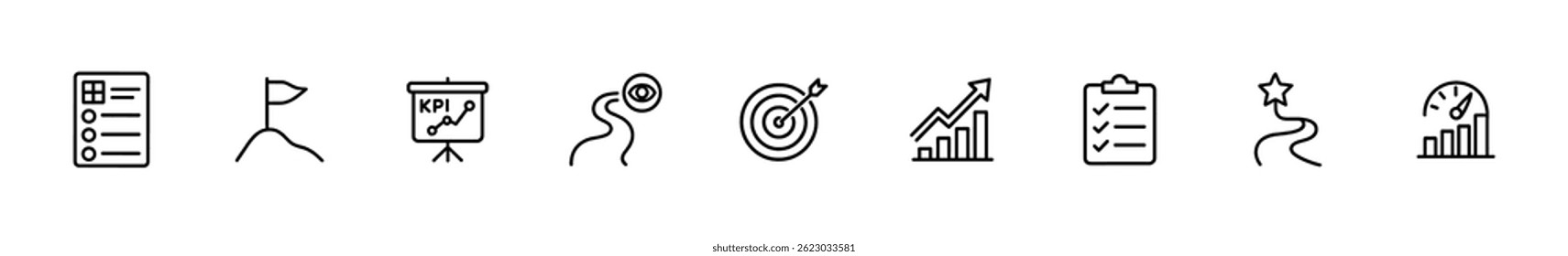 Business icons set: strategy, growth, and performance metrics. Vector outline icons