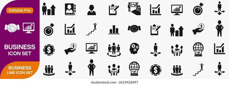 Business icons set with team, stats, briefcase, portfolio, profit, analysis, coordination, international, collaboration, insurance icon. Simple line vector