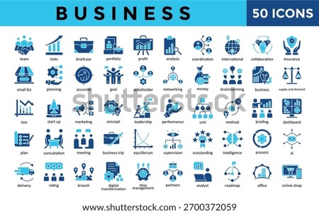 Business icons set with team, stats, briefcase, portfolio, profit, analysis, coordination, international, collaboration, insurance icon. Simple flat vector 
