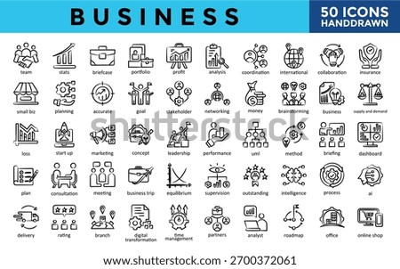 Business icons set with team, stats, briefcase, portfolio, profit, analysis, coordination, international, collaboration, insurance icon. Simple handdrawn vector 
