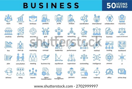 Business icons set with team, stats, briefcase, portfolio, profit, analysis, coordination, international, collaboration, insurance icon. Simple retro vector 
