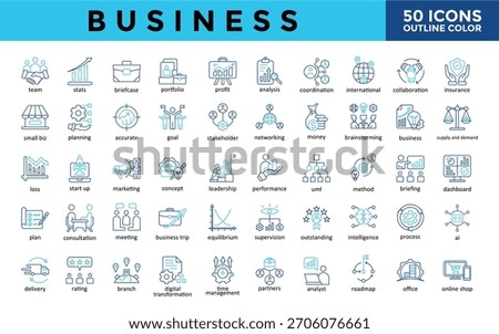Business icons set with team, stats, briefcase, portfolio, profit, analysis, coordination, international, collaboration, insurance icon. Simple outline color vector 
