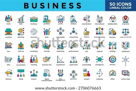 Business icons set with team, stats, briefcase, portfolio, profit, analysis, coordination, international, collaboration, insurance icon. Simple lineal color vector 
