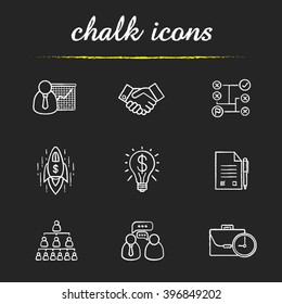 Business Icons Set. Teamwork, Company Hierarchy And Team Management. Presentation Graph, Signed Contract, Handshake, Money Making Idea And Working Hours. Isolated Vector Chalkboard Illustrations