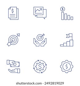 Business icons set. Thin Line style, editable stroke. graphs, graphic, goal, give money, gear, file.