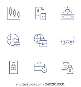 Business icons set. Thin Line style, editable stroke. graph, gold ingots, global services, global, glasses, business, accounting.