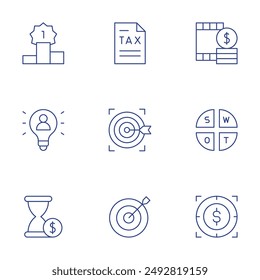 Business icons set. Thin Line style, editable stroke. winner, user, time is money, tax, target, swot analysis, film-budget.