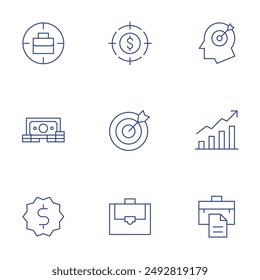 Business icons set. Thin Line style, editable stroke. target, suitcase, sticker, stats.