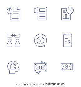 Business icons set. Thin Line style, editable stroke. report, relationship, refresh, receipt, puzzle piece, money.