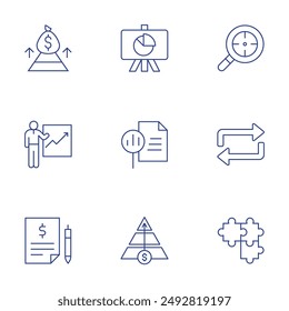 Business icons set. Thin Line style, editable stroke. results, research, report, repeat, quote request, pyramid, puzzle, money bag.