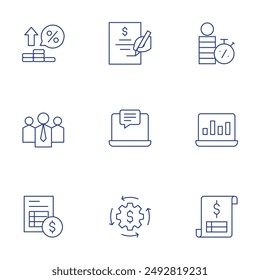 Business icons set. Thin Line style, editable stroke. loan, leader, laptop, invoice, interest rate, finance.
