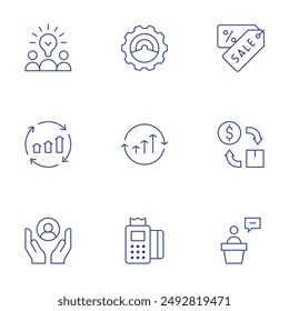 Business icons set. Thin Line style, editable stroke. creative team, creation, coupon, continuous improvement, continous improvement, cash flow, care, card payment.