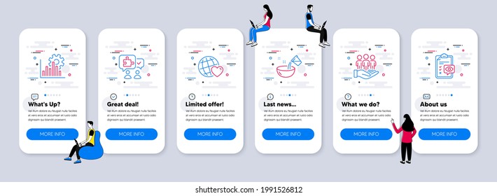 Business icons set. UI phone app screens with teamwork. Included icon as Friends world, Best buyers, Seo graph signs. Puzzle, Cooking water, Eye checklist line icons. Vector