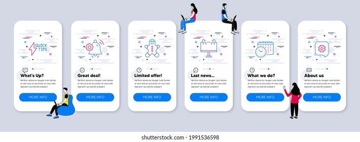Business icons set. UI phone app screens with teamwork. Included icon as Quickstart guide, Calendar time, Notification bell signs. Road banner, Gingerbread man, Cogwheel line icons. Vector