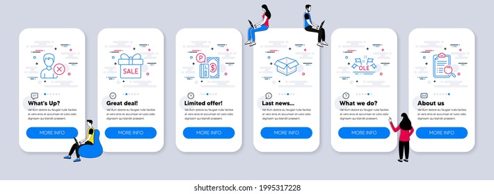 Business icons set. UI phone app screens with teamwork. Included icon as Open box, Ole chant, Sale offer signs. Parking payment, Remove account, Search analysis line icons. Vector