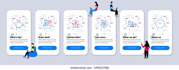 Business icons set. UI phone app screens with teamwork. Included icon as Creativity, Coffee, Reception desk signs. Cleaning service, Fireworks rocket, Time line icons. Vector