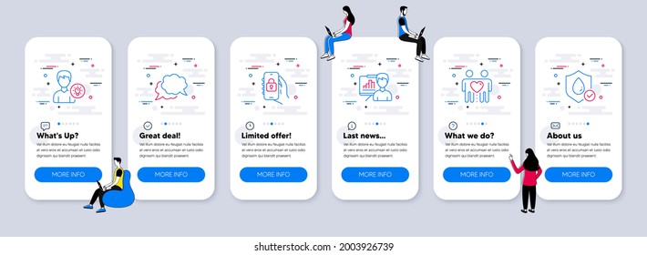 Business icons set. UI phone app screens with teamwork. Included icon as Person idea, Presentation board, Locked app signs. Chat message, Friends couple, Waterproof line icons. Vector