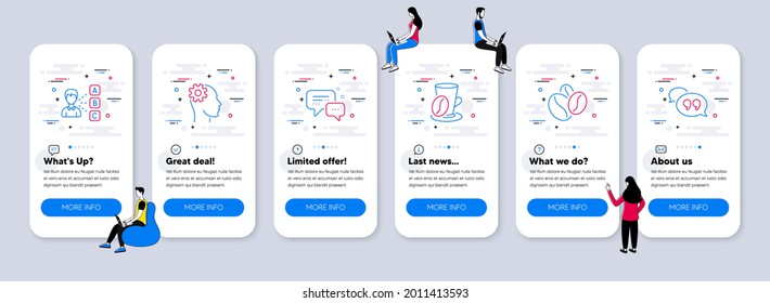 Business icons set. UI phone app screens with teamwork. Included icon as Coffee beans, Coffee cup, Employees messenger signs. Engineering, Opinion, Quote bubble line icons. Vector
