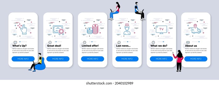Business icons set. UI phone app screens with teamwork. Included icon as Doctor, Currency, Move gesture signs. Tv, Certificate, Delivery truck line icons. Medicine person, Euro and usd, Swipe. Vector
