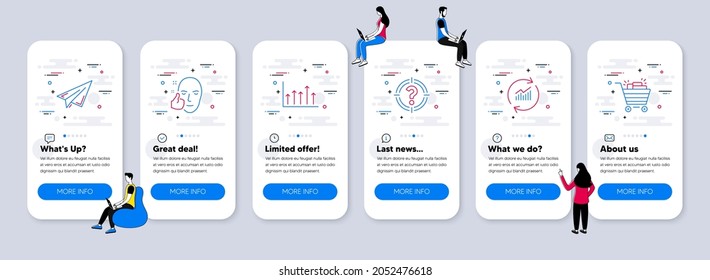 Business icons set. UI phone app screens with teamwork. Included icon as Growth chart, Update data, Paper plane signs. Healthy face, Headhunter, Shopping cart line icons. Vector