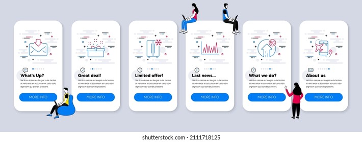 Business icons set. UI phone app screens with teamwork. Included icon as Refrigerator, Line graph, Incoming mail signs. Present box, 5g upload, Flight destination line icons. Vector