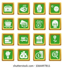 Business icons set vector green square isolated on white background 