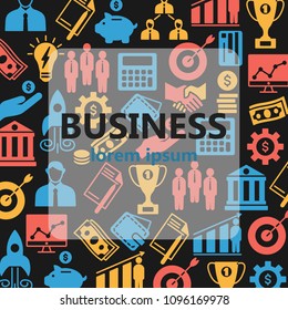 Business icons set vector illustration. Outline web icons pattern for banking management finance strategy marketing on orange background. Flat style design