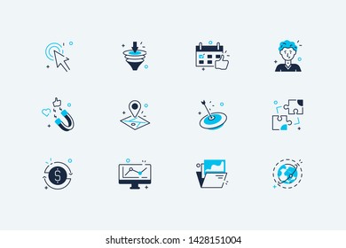 Business icons set vector illustration. Collection consists of biz line art symbols such as work planning location map pin, target, add puzzles, computer with graph flat concept. Isolated on white