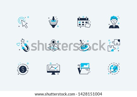 Business icons set vector illustration. Collection consists of biz line art symbols such as work planning location map pin, target, add puzzles, computer with graph flat concept. Isolated on white