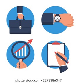 Iconos comerciales. Conjunto de iconos redondos vectoriales para web e impresión. Maletín en mano, control de tiempo, reloj, análisis de gráfico, lupa en mano, firma de documentos. Gestión del tiempo.