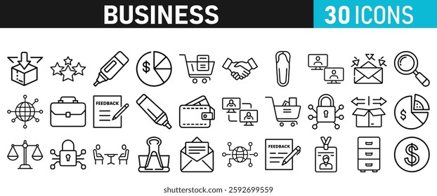 Business icons set. Business web icons in line style. Meeting, Money, bank, contact, infographic, Graph Icon collection. Vector illustration.