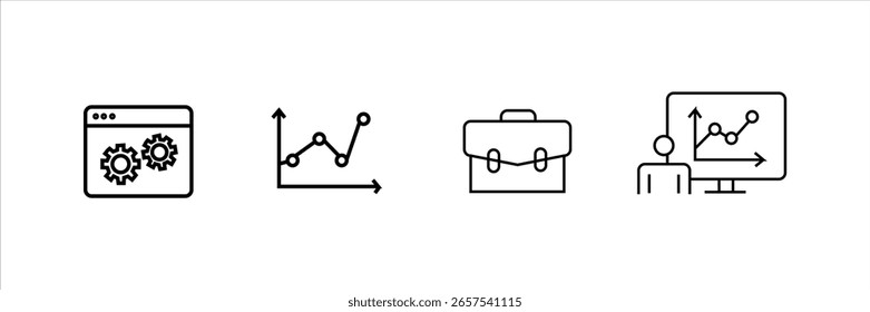 Ícones de negócios definidos com otimização para a Web, gráfico analítico, pasta e apresentação de dados. Símbolos lineares pretos sobre fundo branco. Conceito para análise de estratégia, gerenciamento e desempenho.