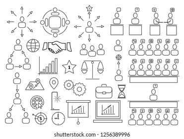 Business icons set,Collection solution outline icons include icons such as point of service, Icons for business, management, finance,
 strategy, marketing,target, puzzle, light bulb, lamp, tactics, id