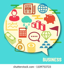 business icons in speech bubble, vector flat
