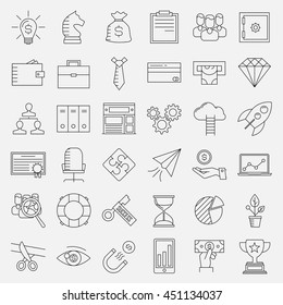 Business icons. Start up and management signs. Safe, wallet, archive, career ladder, key to success, money magnet and other things. Line art vector illustration.