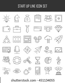 Business icons. Start up and management signs. Safe, wallet, archive, career ladder, key to success, money magnet and other things. Line art vector illustration.