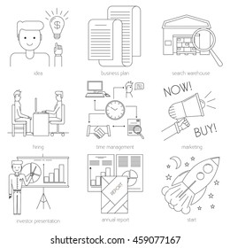 Business icons. Start up and management signs. Line art vector illustration.