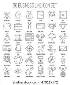 Business icons. Start up and management signs. Safe, wallet, archive, career ladder, key to success, money magnet and other things. Line art vector illustration.
